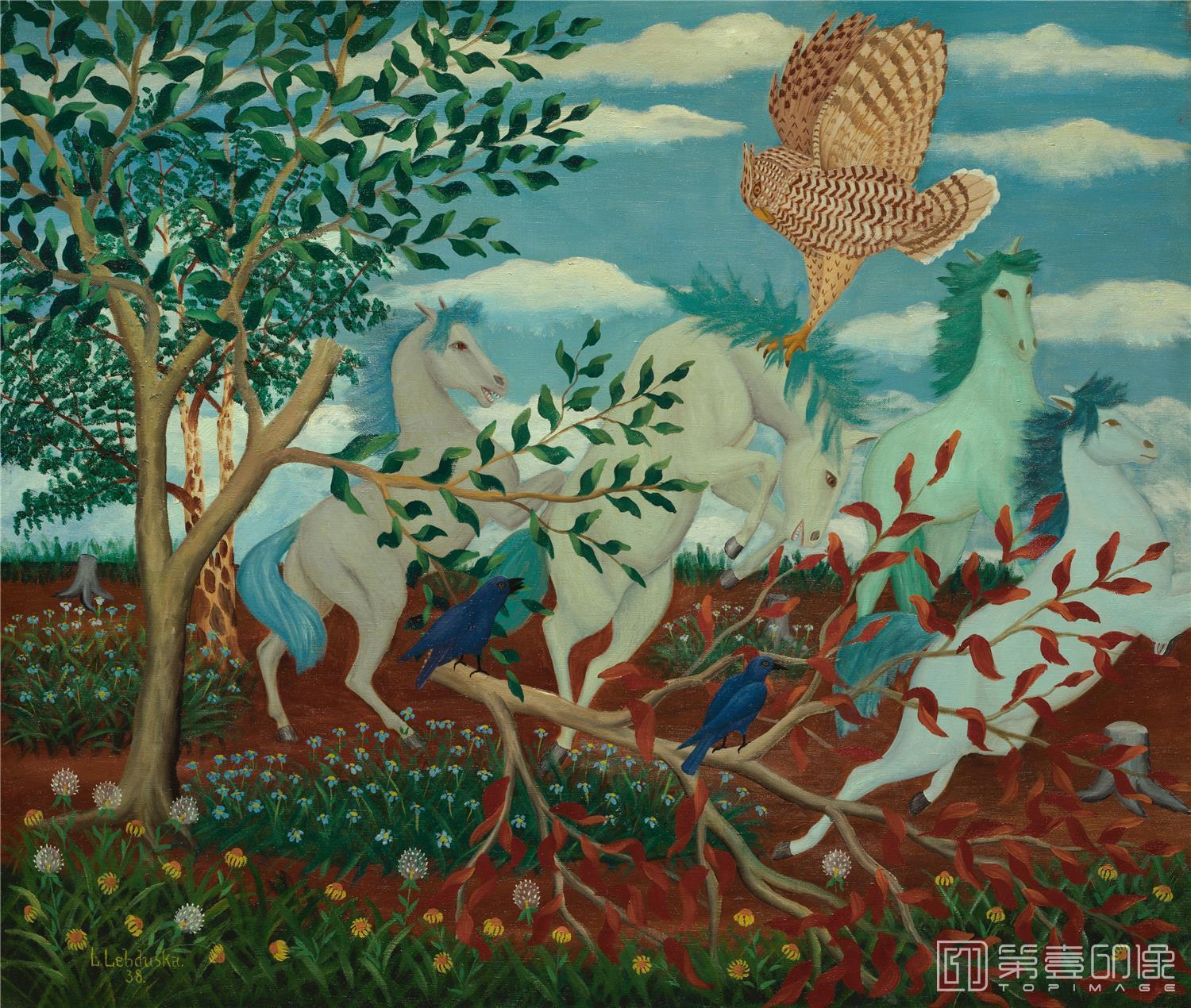 油画-美国阿特金森美术馆-Lawrence H. Lebduska-Wild Horses and Owl, .tifLawrence H. Lebduska - Wild Horses and Owl-325